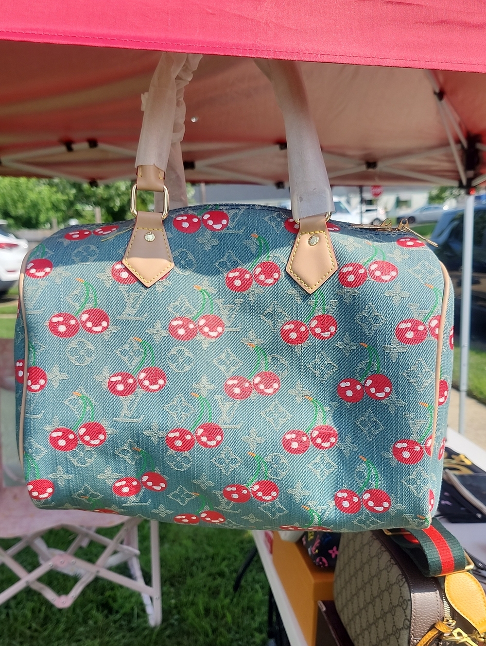 Designer-Inspired Cherry Print Dome Satchel - Denim